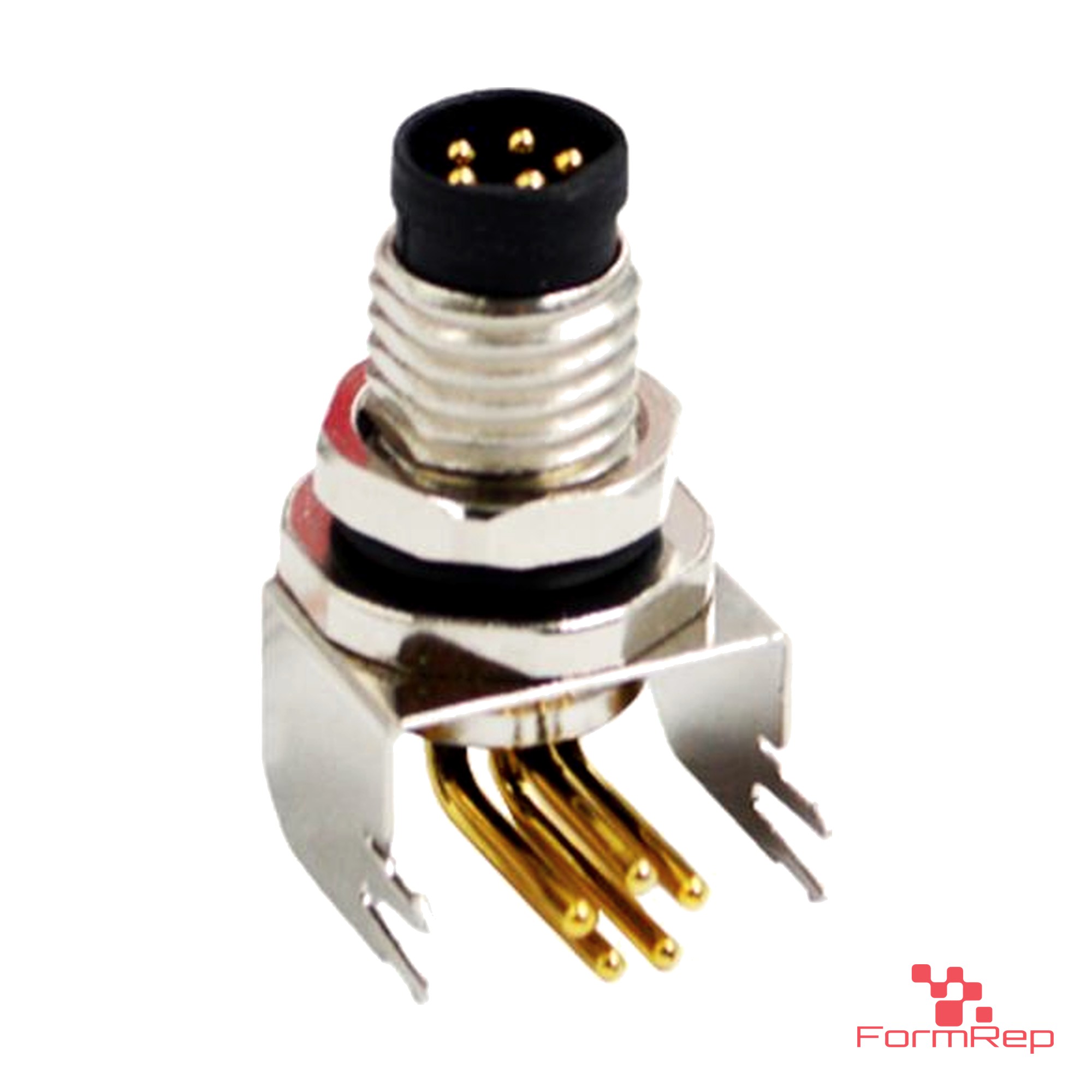 M8 Panel-Mount Receptacle, PCB Pins, male right-angle, front mount M8 Panel-Mount Receptacle, PCB Pins, male right-angle, front mount
