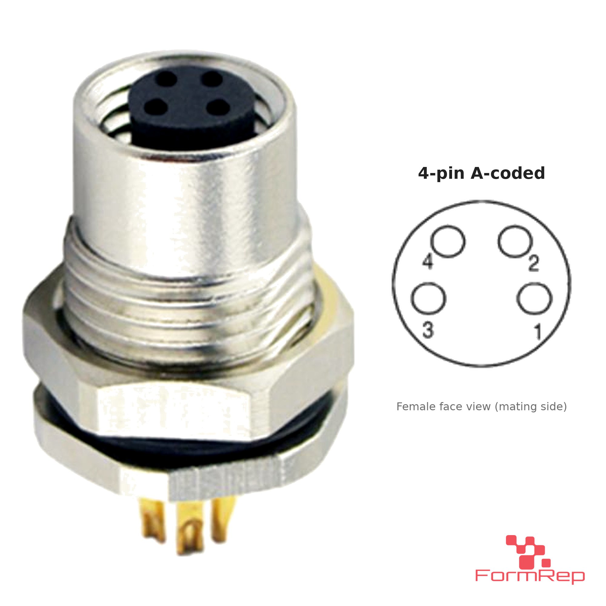 M8 Panel-Mount Receptacle, Solder Cups, female straight, front mount, 4-pin A-coded M8 Panel-Mount Receptacle, Solder Cups, female straight, front mount, 4-pin A-coded