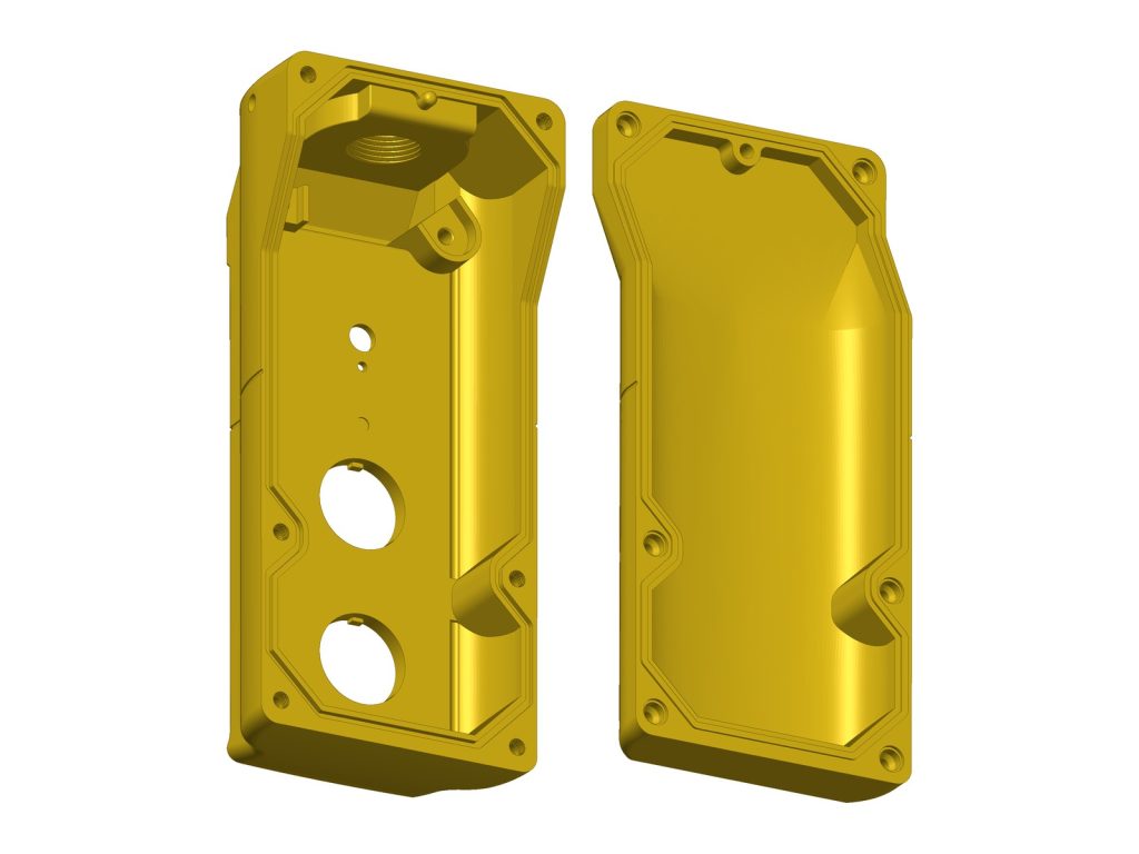 3D CAD model of a pendant control enclosure, inside both halves