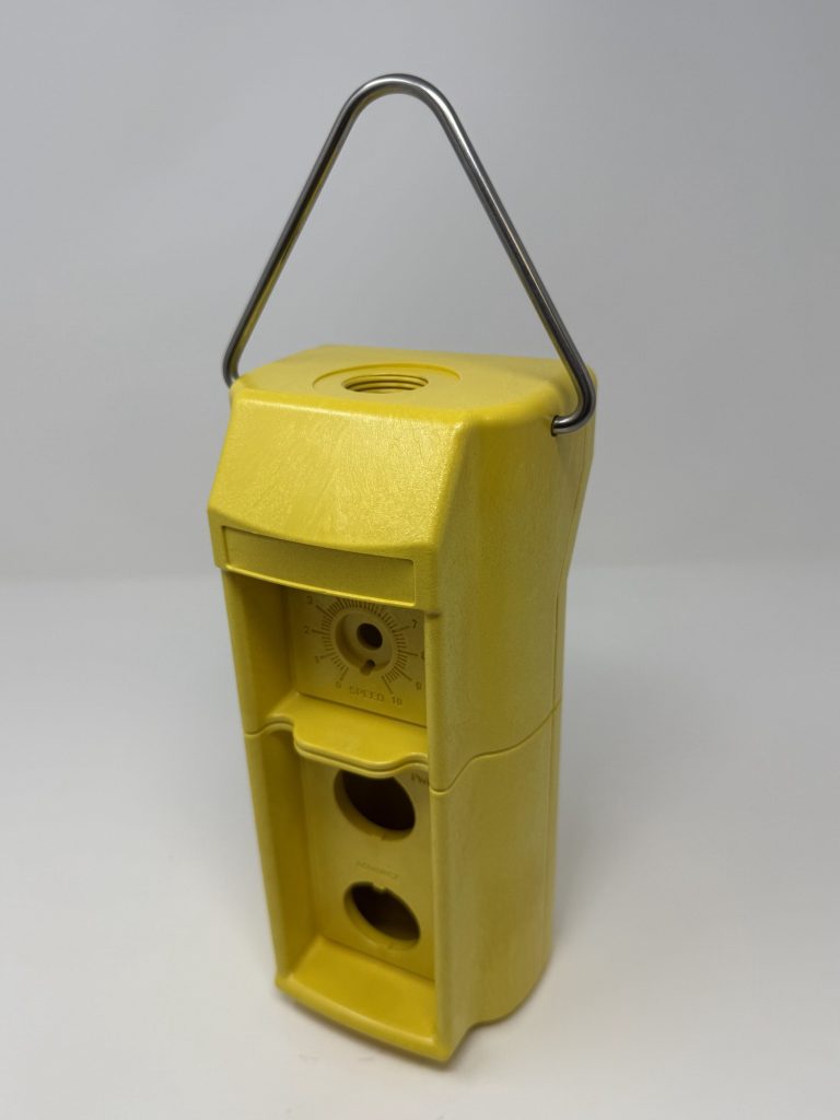 Molded yellow pendant enclosure, front three-quarter view