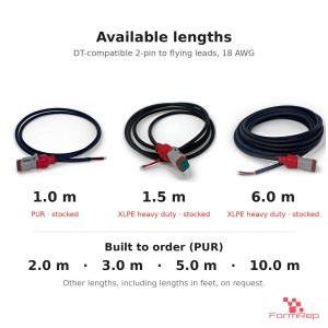 DT-compatible 2-pin to flying leads cable: stocked 1.0, 1.5 and 6.0 m lengths and built-to-order 2, 3, 5 and 10 m