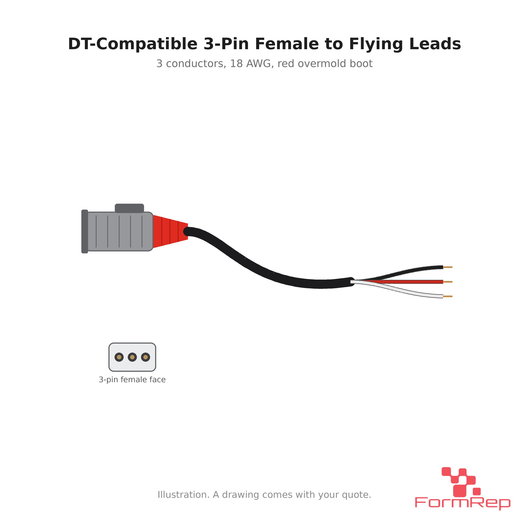 DT-compatible 3-pin female cable to flying leads Illustration of a DT-compatible 3-pin female cable to flying leads