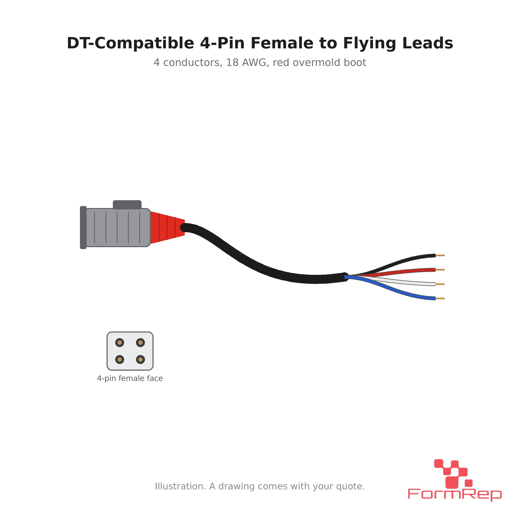 Illustration of a DT-compatible 4-pin female cable to flying leads
