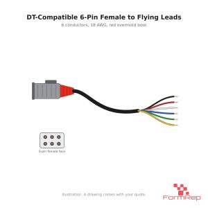 Illustration of a DT-compatible 6-pin female cable to flying leads