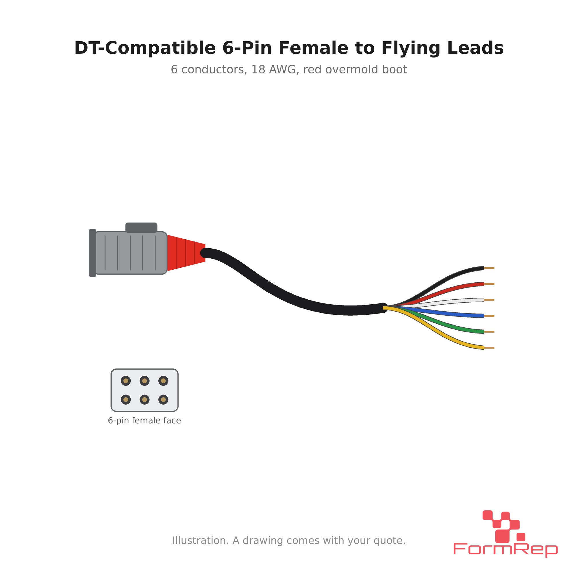 DT-compatible 6-pin female cable to flying leads Illustration of a DT-compatible 6-pin female cable to flying leads