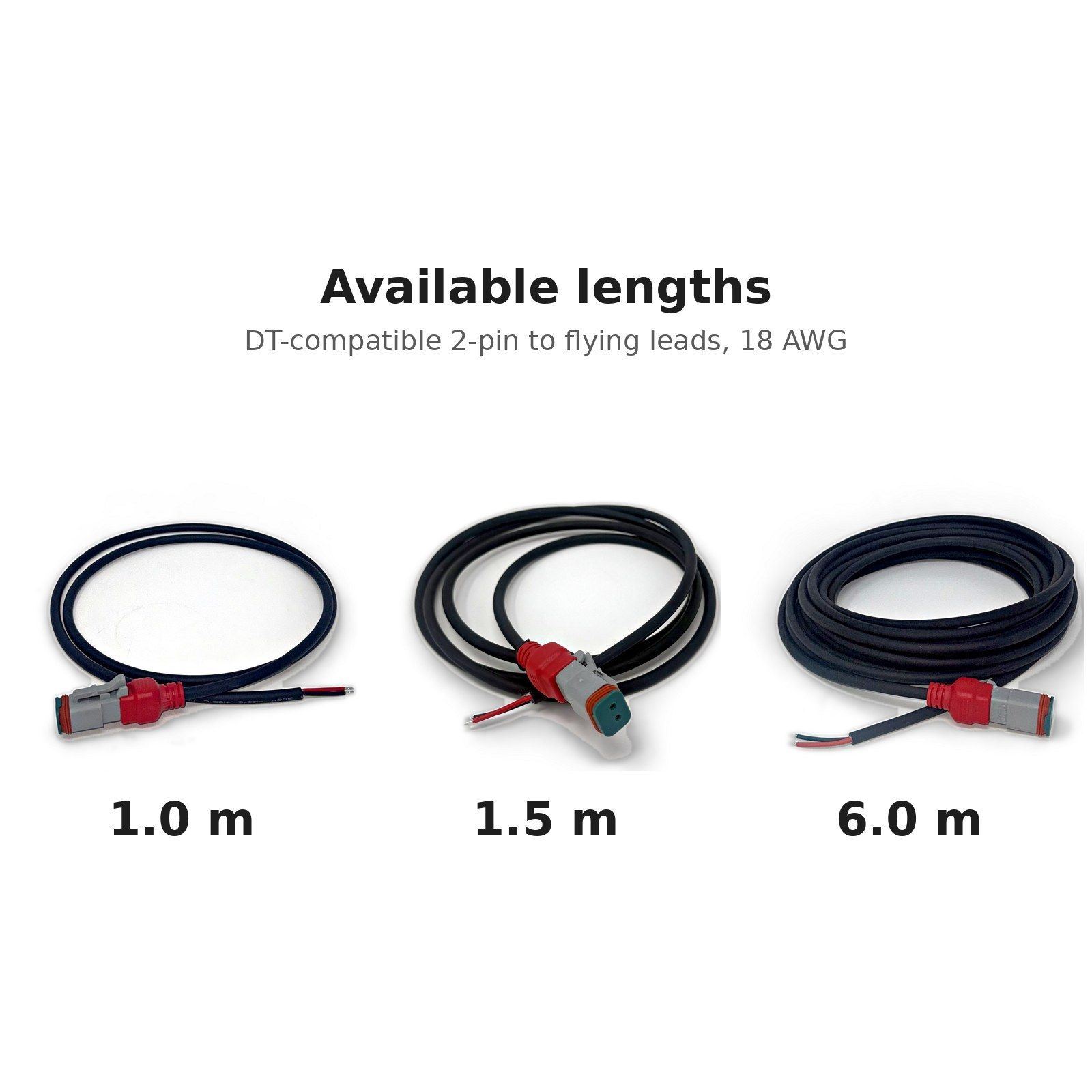 DT-compatible 2-pin to flying leads cables in 1.0 m, 1.5 m and 6.0 m lengths
