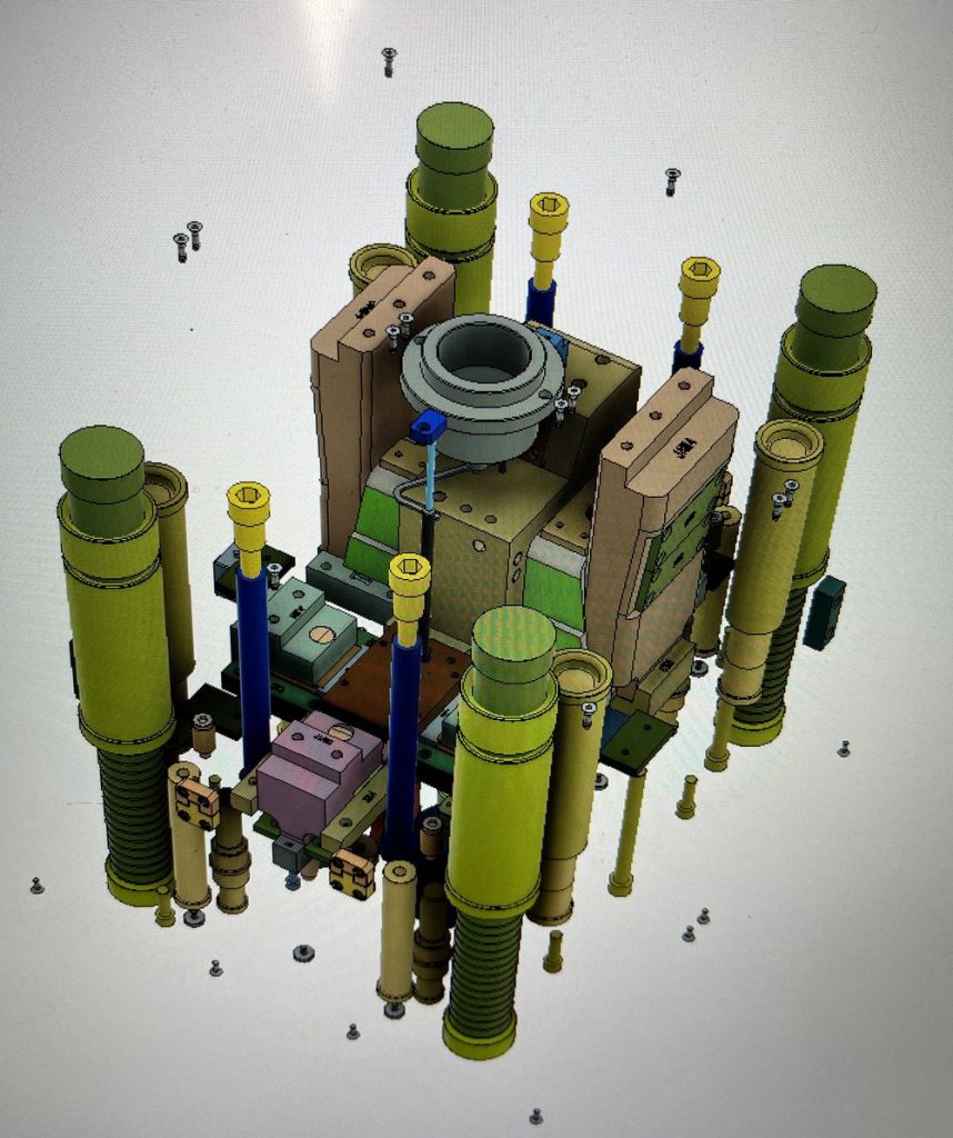 Exploded 3D CAD view of an injection mold design