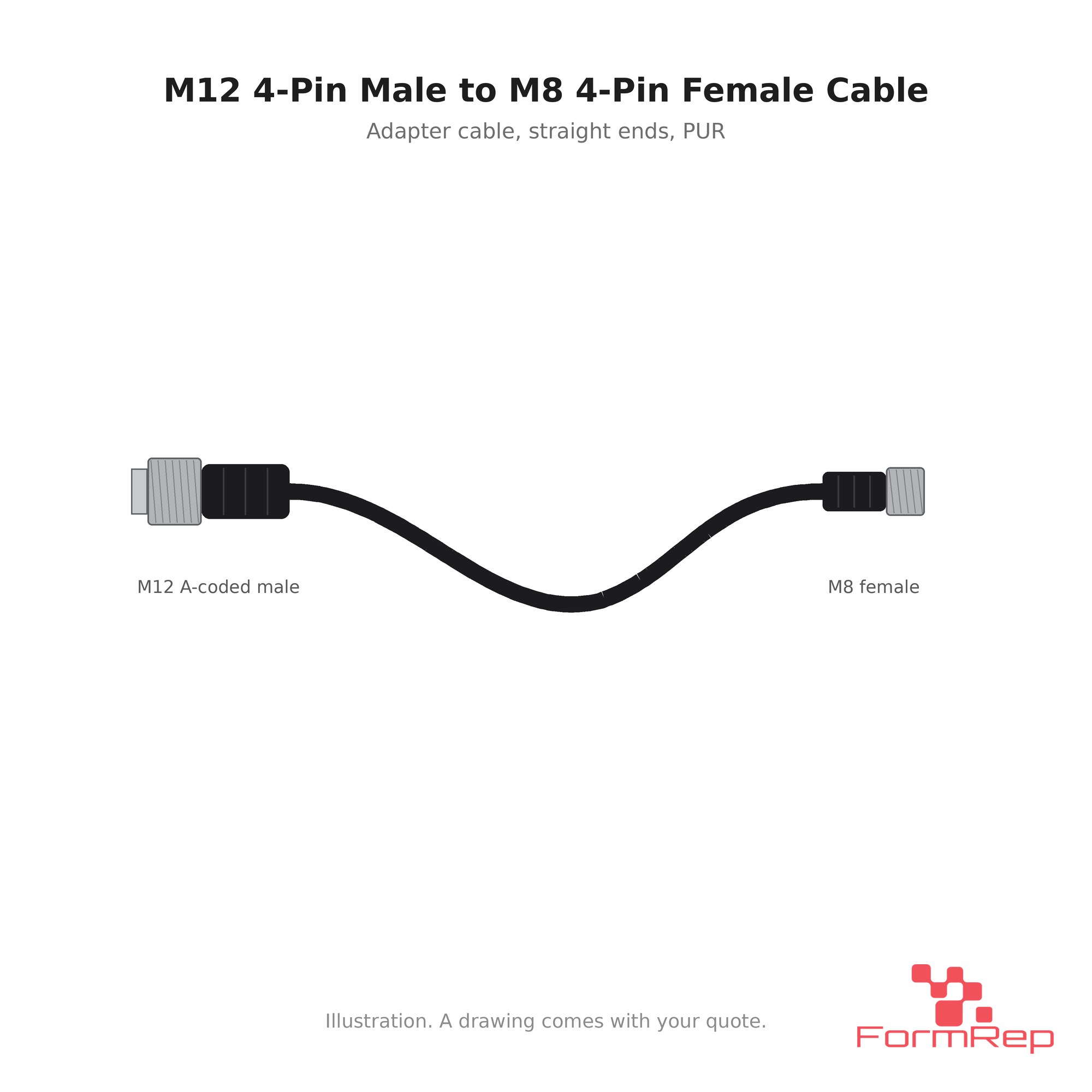 M12 4-pin male to M8 4-pin female adapter cable Illustration of an M12 4-pin male to M8 4-pin female adapter cable